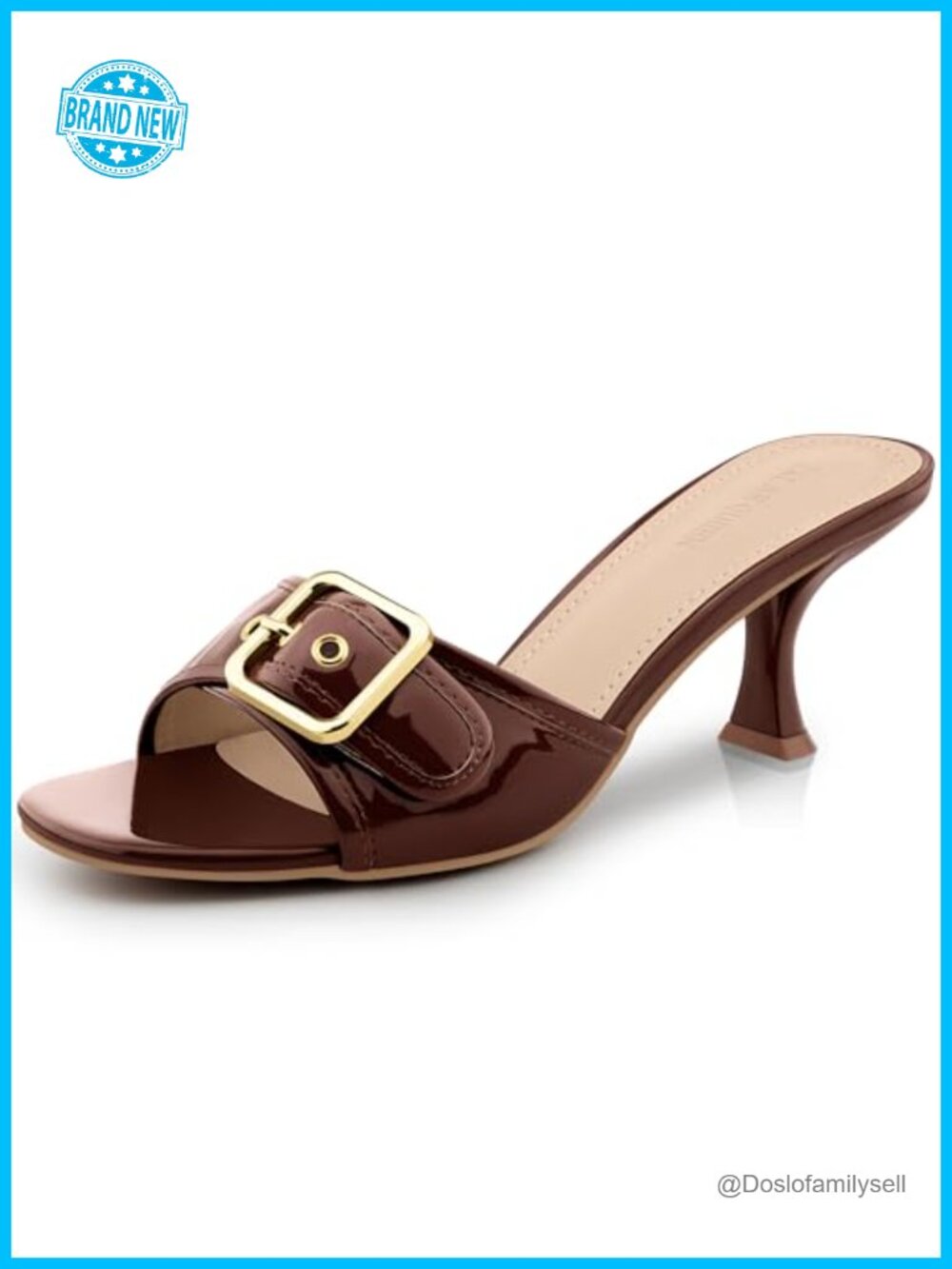 Kitten Heel Sandals Square Open Toe Faux Leather Slip On Mule Heels